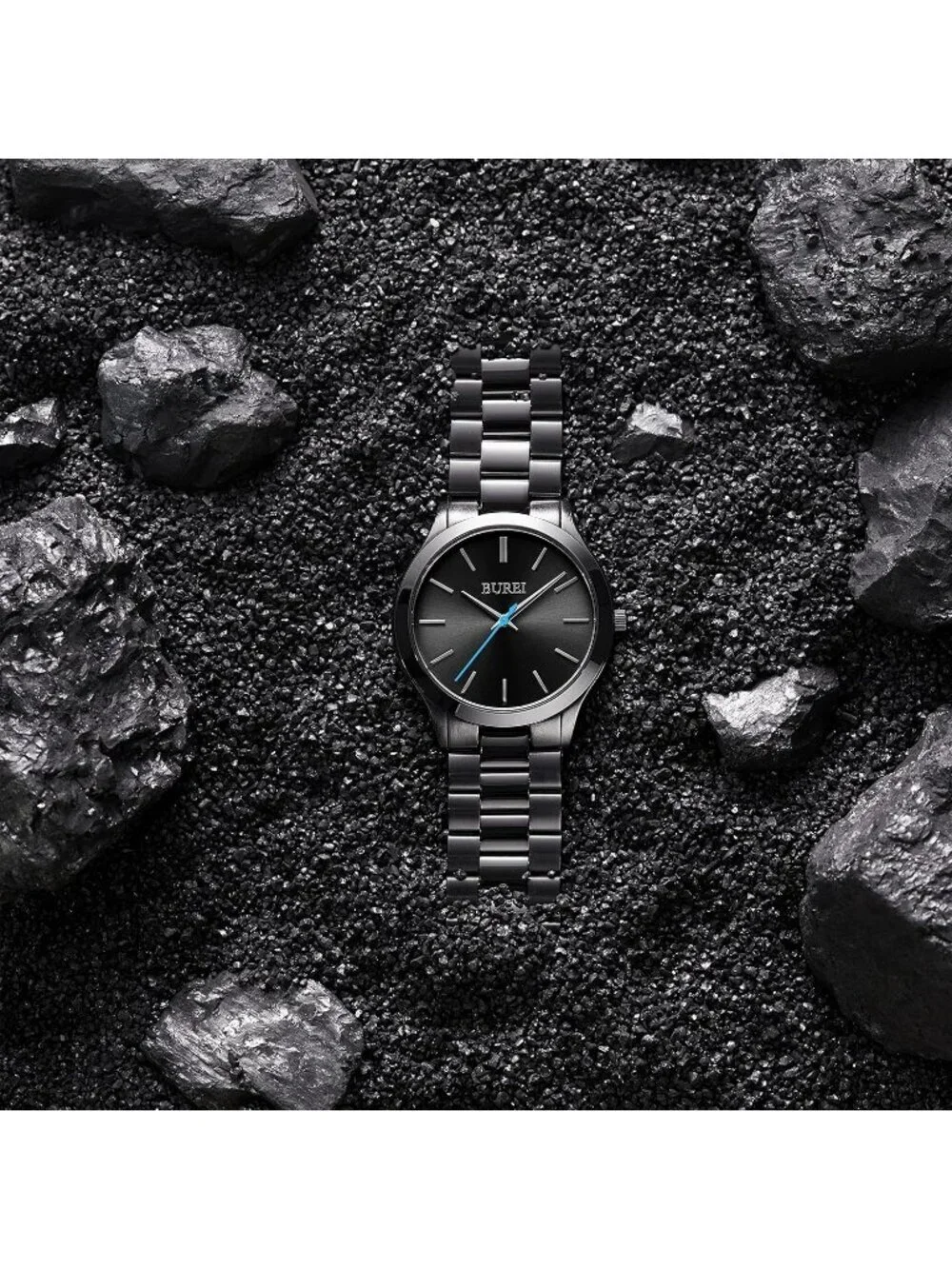 Men's Black Blue Pointer Analog Quartz Stainless Steel Waterproof Luxury Watch